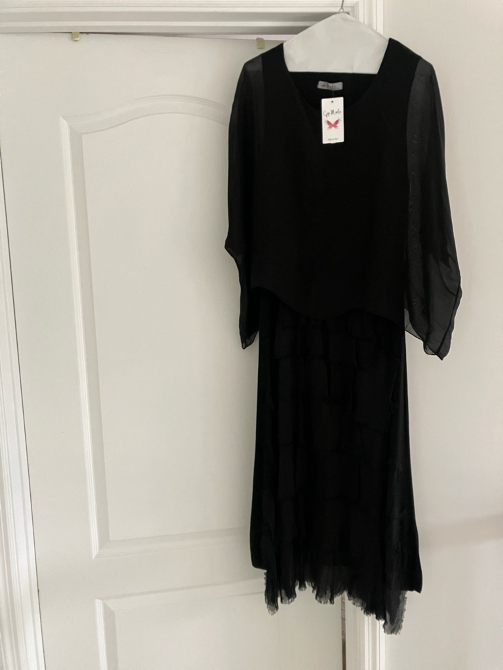 Chiffon Layered Black Long-Sleeve Dress by Gervina